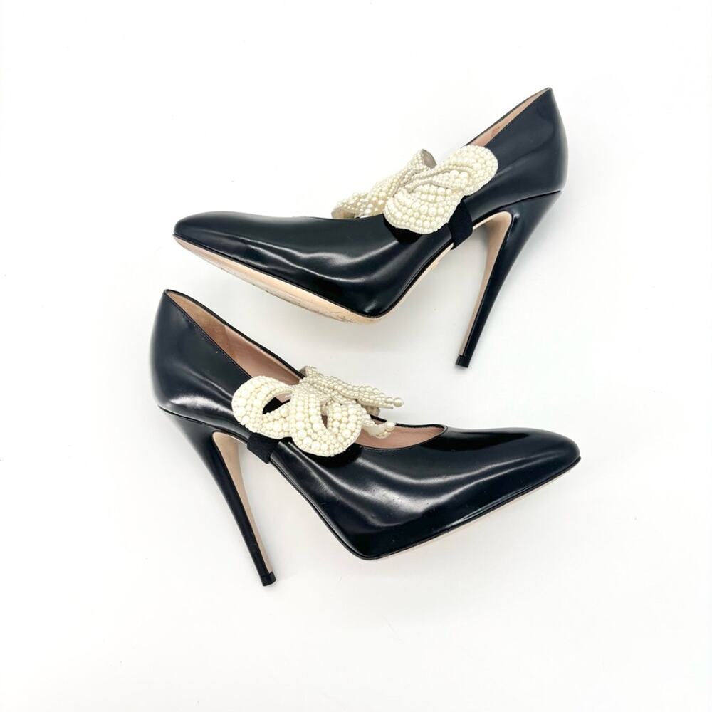 Gucci Elaisa Pearl Removable Bow Pointed Toe High Heel Pumps 38.5 - Picture 8 of 12